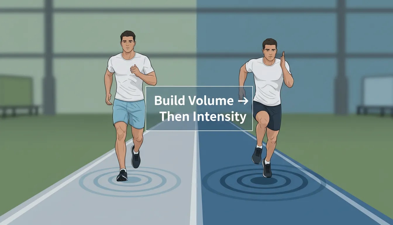 Runner progressing gradually from light jogging to intensity with the message Build Volume then Intensity to reduce reinjury risk
