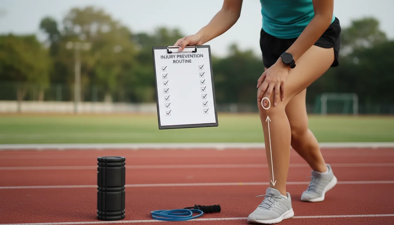 Runner reviewing a practical self-check checklist for recurring injuries before returning to training