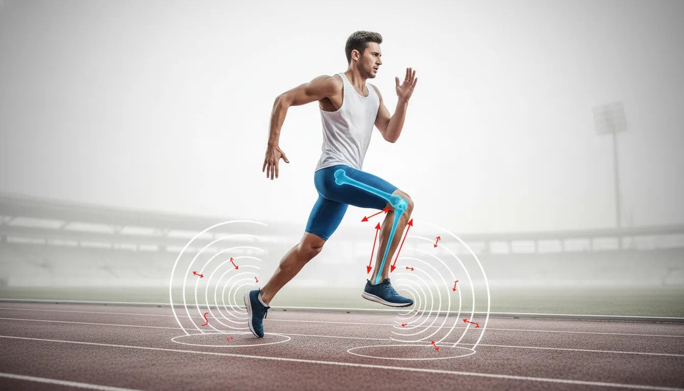 Illustration of a runner’s biomechanics highlighting movement compensation and repeated impact load behind recurring running injuries.
