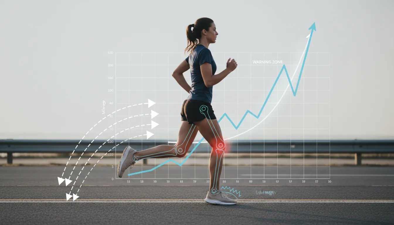 Illustration of a runner showing recurring injury risk when mileage and intensity increase too quickly, with knee and hip highlighted