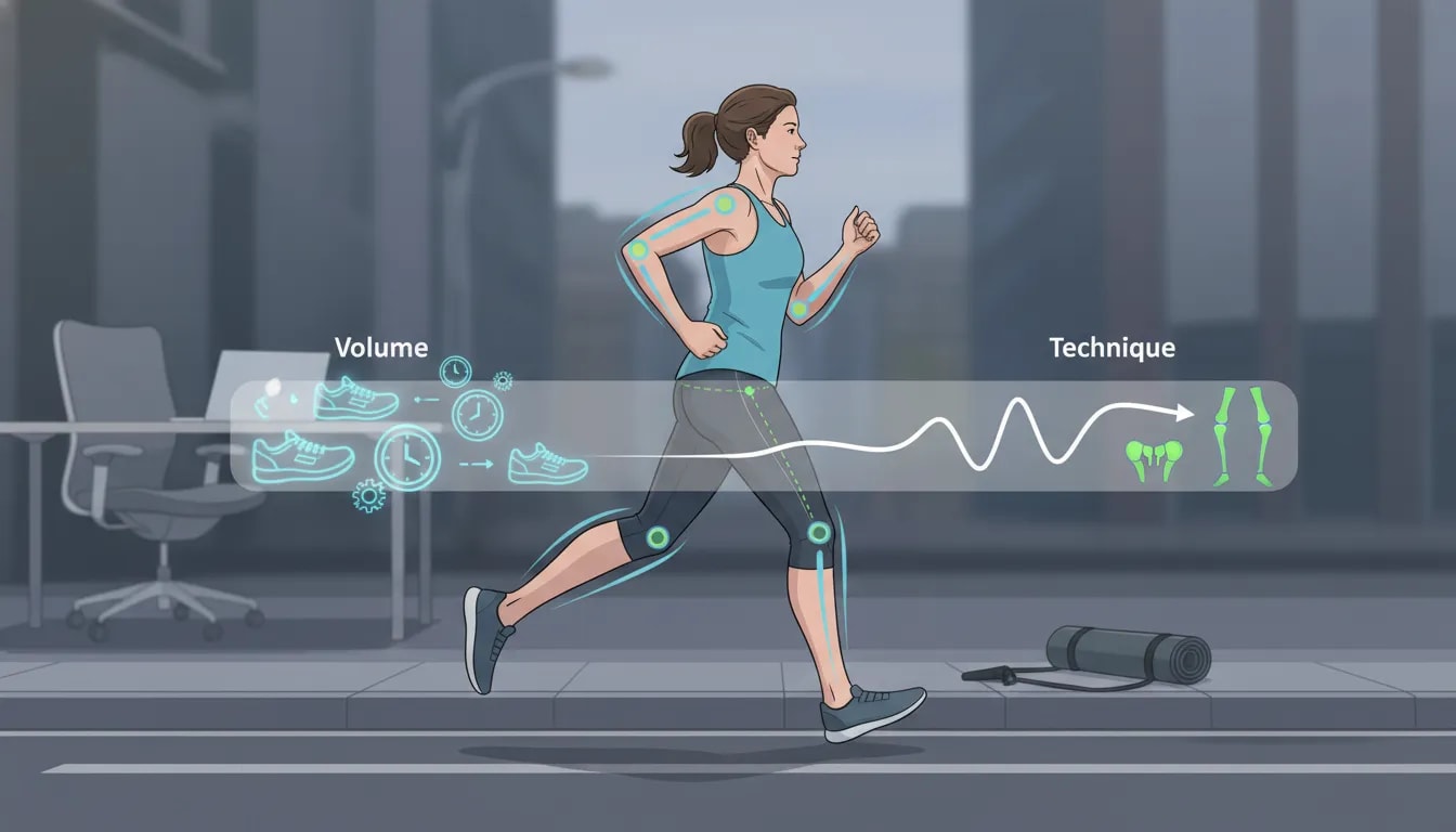 Illustration of a runner’s posture and running mechanics issues affecting efficiency and joint loading, symbolizing why technique cannot be ignored