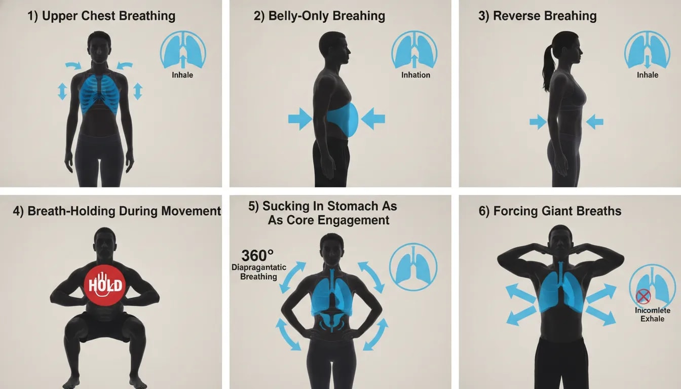 Illustration of common diaphragmatic breathing mistakes including belly-only, upper chest, reverse breathing, breath-holding during a squat, and forcing large breaths
