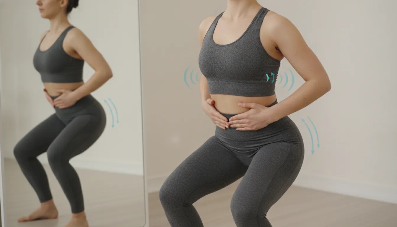 Person practicing diaphragmatic (360) breathing with rib cage expansion while preparing for easy movement
