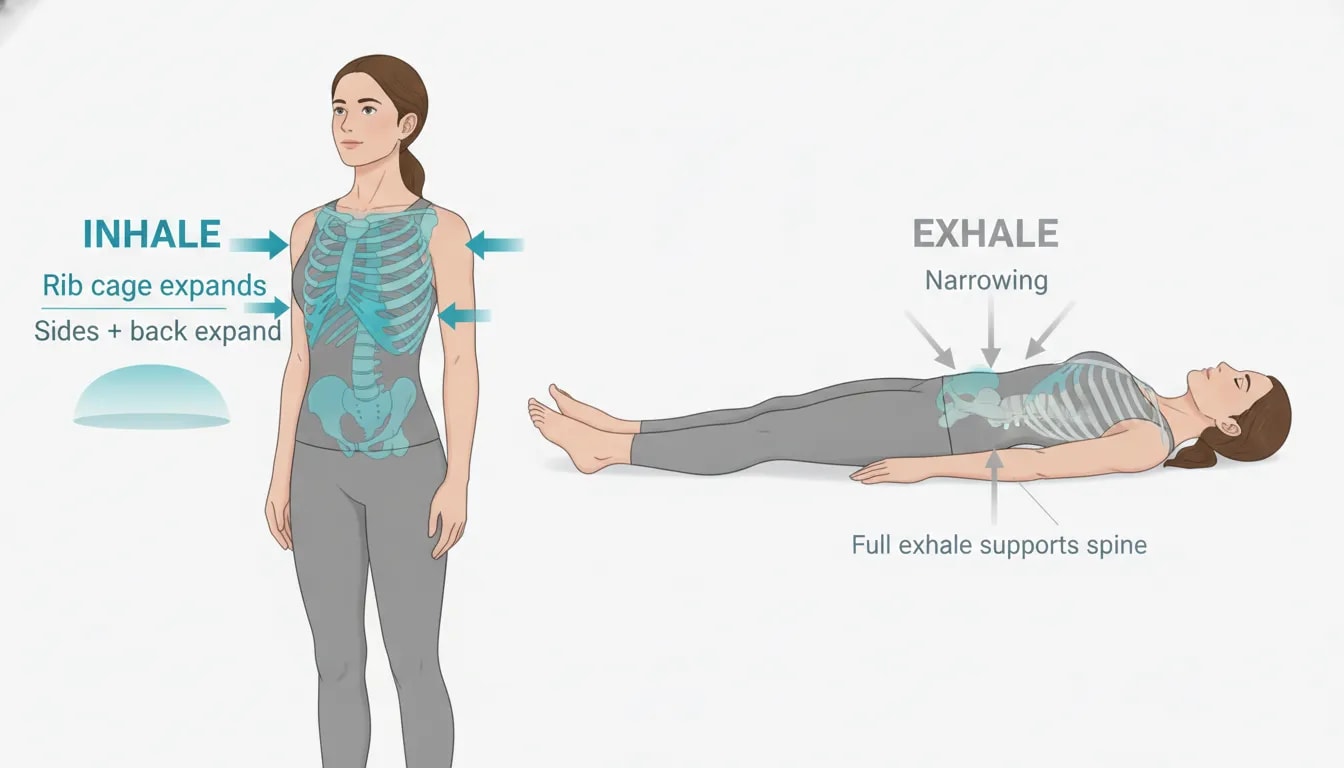 Illustration of 360 diaphragmatic breathing showing rib cage expansion in the front, sides, and back for better spine and pelvis support