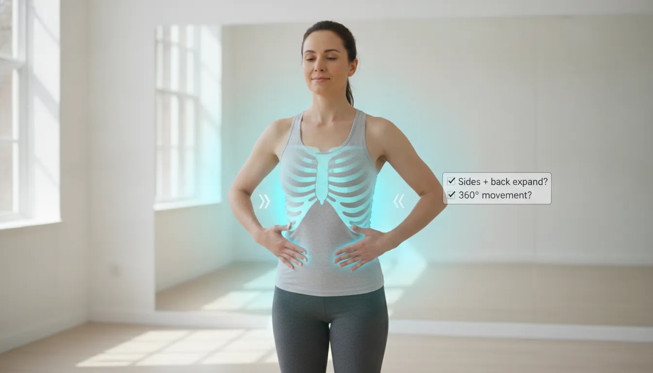 Self-assessing diaphragmatic breathing with hands on the lower ribs in front of a mirror to feel 360-degree chest expansion