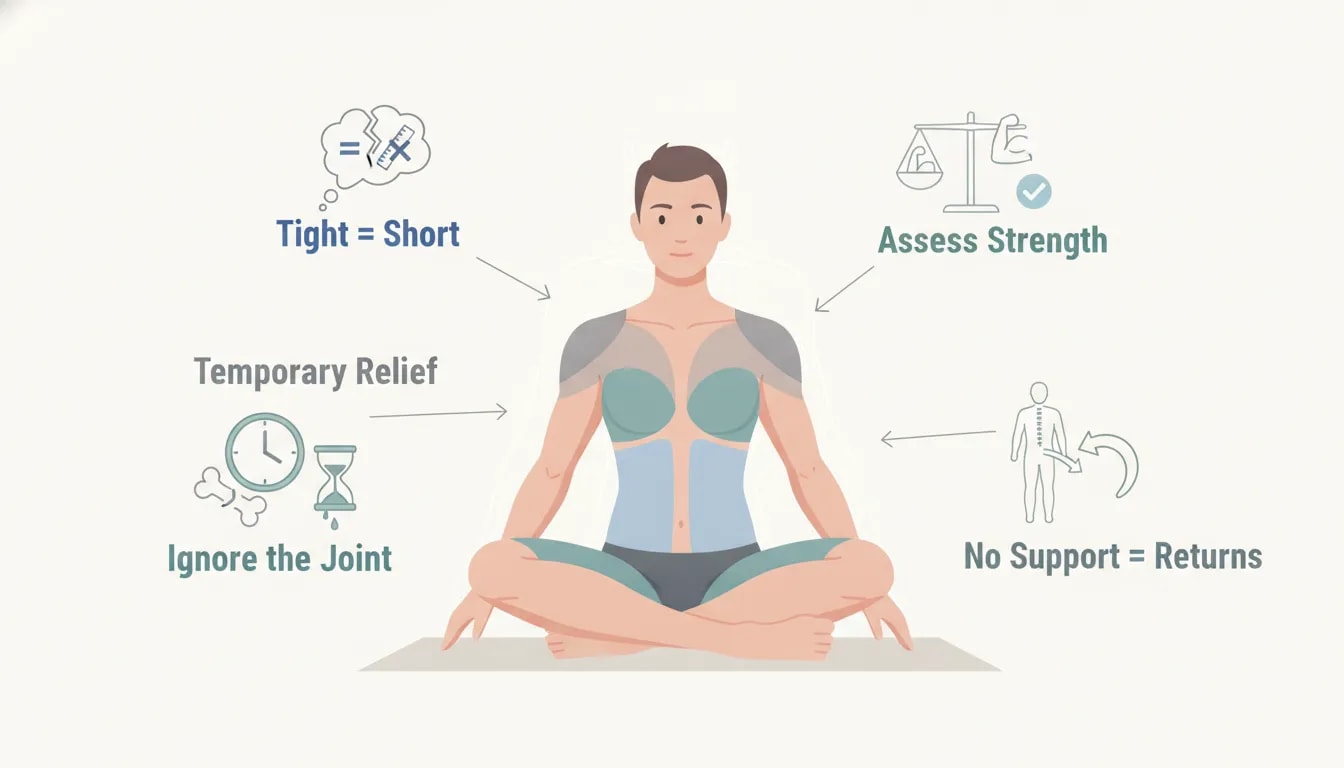 Illustration of common mistakes when stretching tight muscles, including tightness not equal to short, temporary relief, ignoring joints, and focusing on strength and support