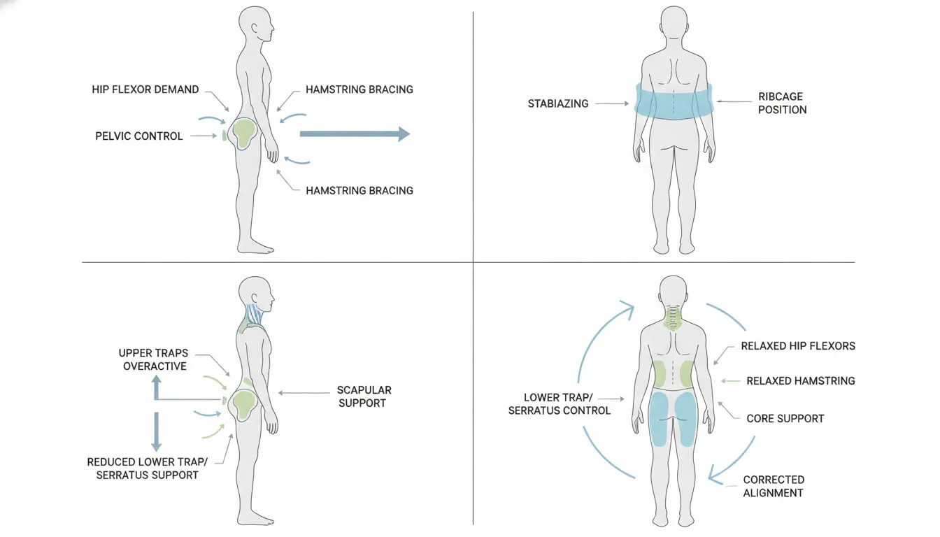 Diagram showing how pelvic, ribcage, and shoulder blade position can drive tightness in muscles like hip flexors, hamstrings, and upper traps.
