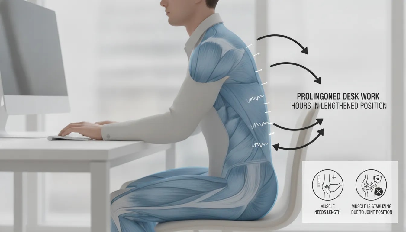 Illustration showing how upper back or hamstring tightness during desk work may come from long-length tension rather than needing more stretching