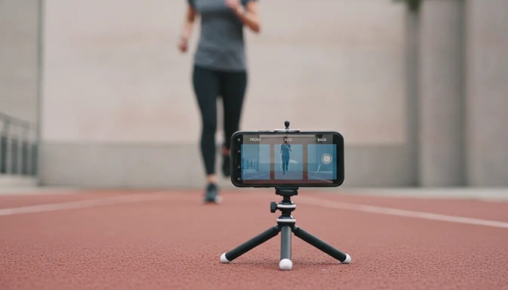 Runner filming their stride with a fixed phone on a tripod to assess running form from multiple angles