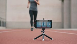 Runner filming their stride with a fixed phone on a tripod to assess running form from multiple angles