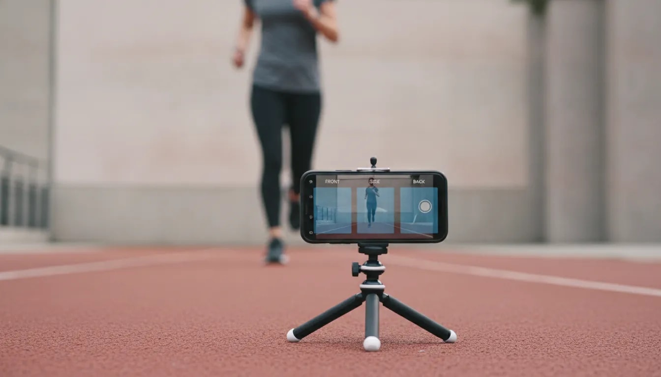 Runner filming their stride with a fixed phone on a tripod to assess running form from multiple angles