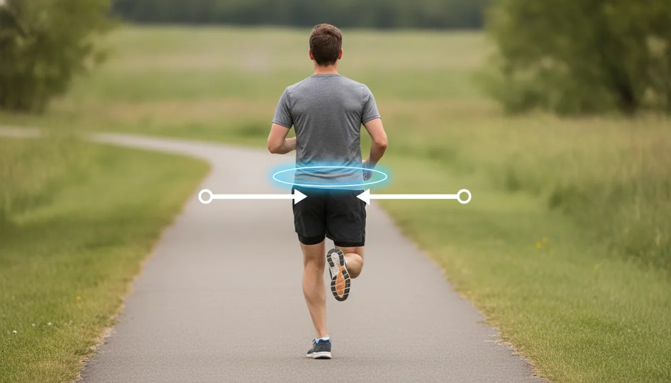 Back view of a runner during single-leg support showing pelvis and hip control to watch during running form assessment