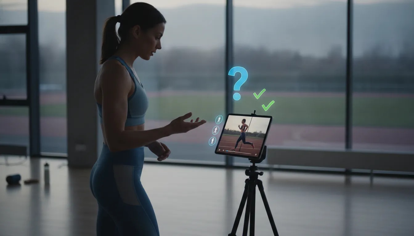 Runner reviewing running form footage with checklist question icons beside a tripod-mounted phone