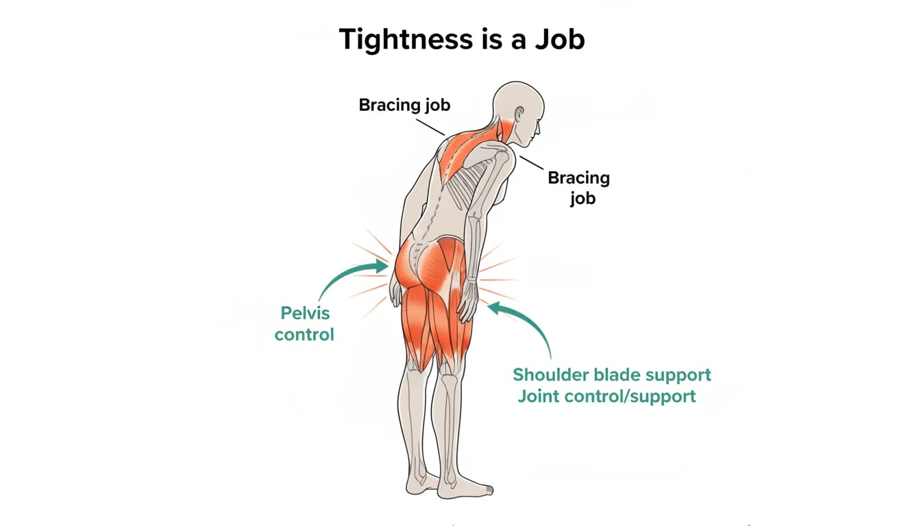 Illustration of tight hamstrings and overactive upper traps acting as stabilizing “bracing jobs” linked to pelvic and shoulder blade control issues.