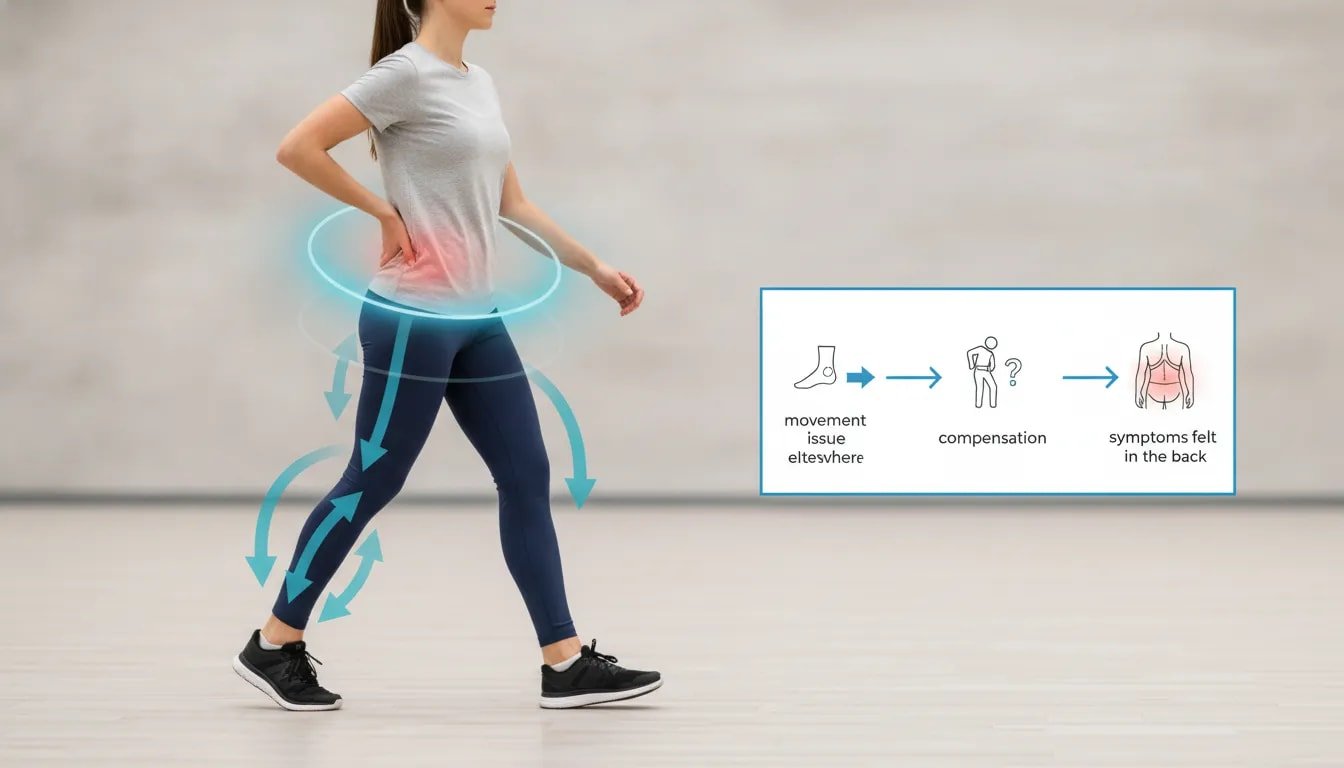 Illustration showing how a movement or joint issue elsewhere can cause compensation and uneven loading, making back pain feel like it starts in the lower back rather than the core