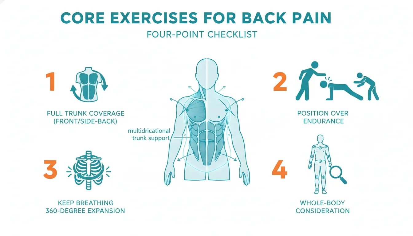 Infographic showing a four-point checklist for core exercises for back pain: train the full trunk, prioritize spinal position, breathe 360 degrees, and consider whole-body load.