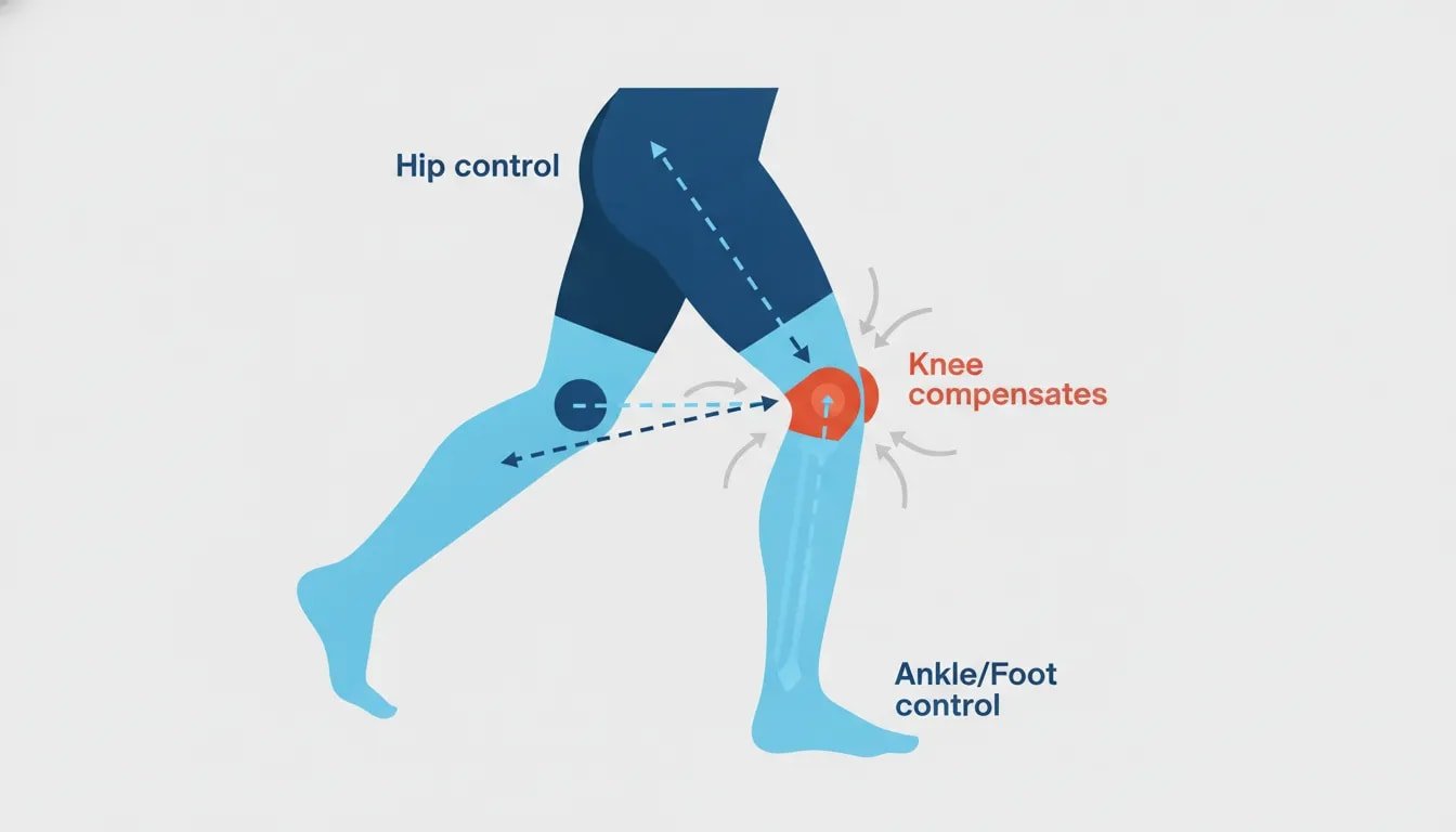 Infographic showing how hip and ankle control influence knee mechanics during running