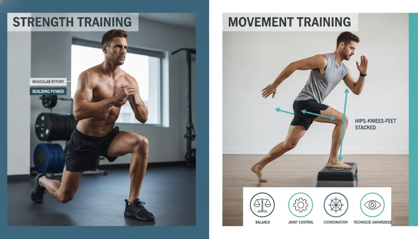 Illustration comparing movement training and strength training for runners, showing alignment-focused control during single-leg landing versus basic strength work like squats.
