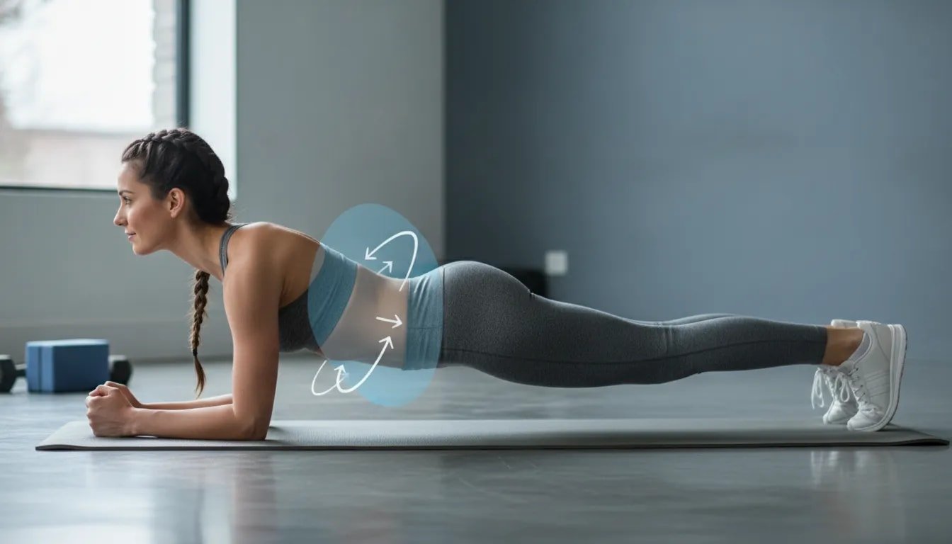 Person performing a neutral-spine forearm plank with 360-degree trunk support for back pain core training