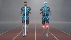 Illustration showing a runner with highlighted hip, ankle, and knee alignment to suggest how movement control affects knee comfort.