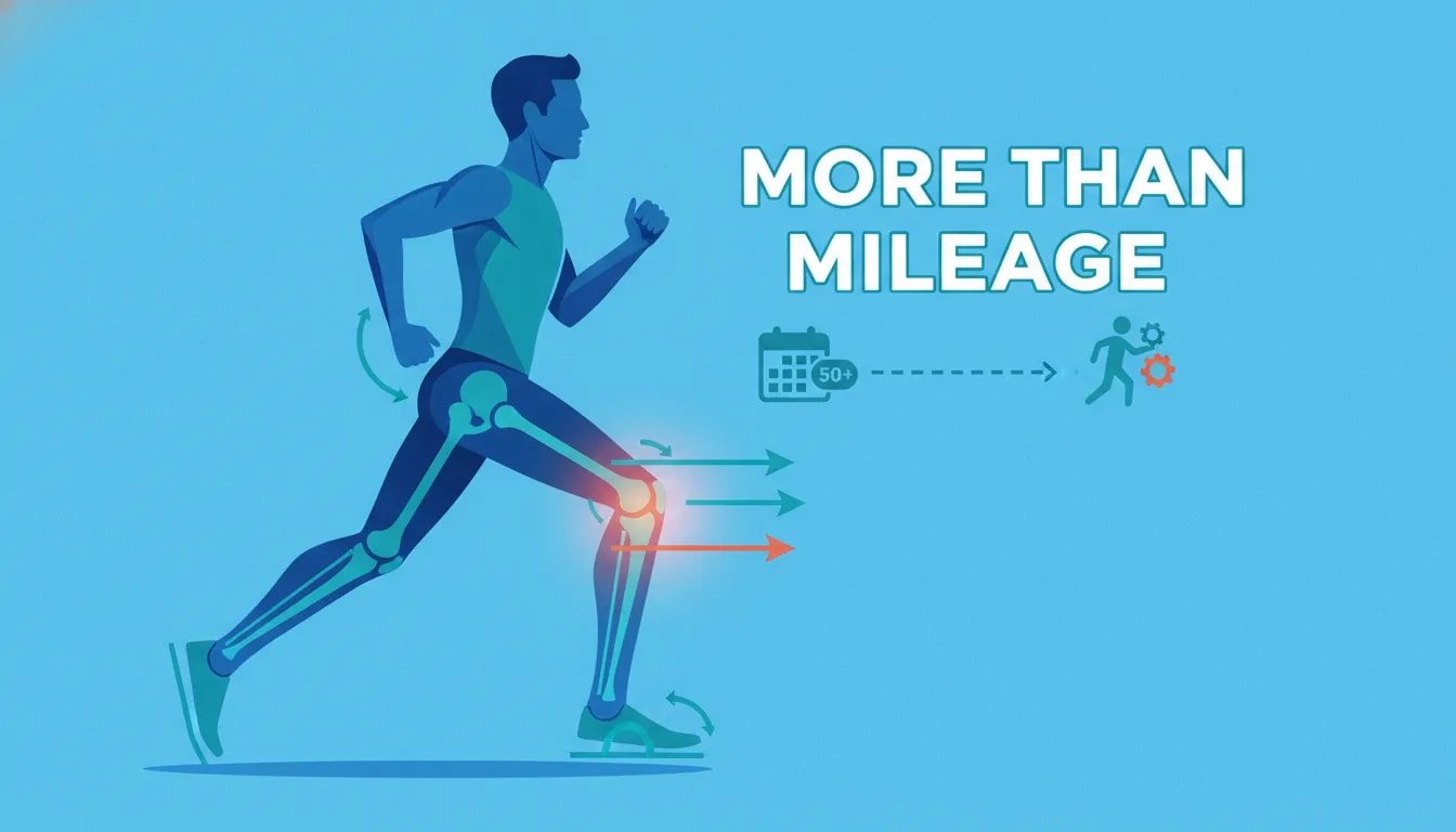 Infographic showing runner knee alignment affected by hip and ankle control, highlighting that knee symptoms aren’t just about mileage